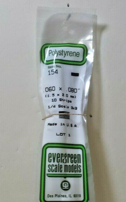 Evergreen Scale Models Plastic 154   - .060" x .080" x 14" --  10 Styrene Strips