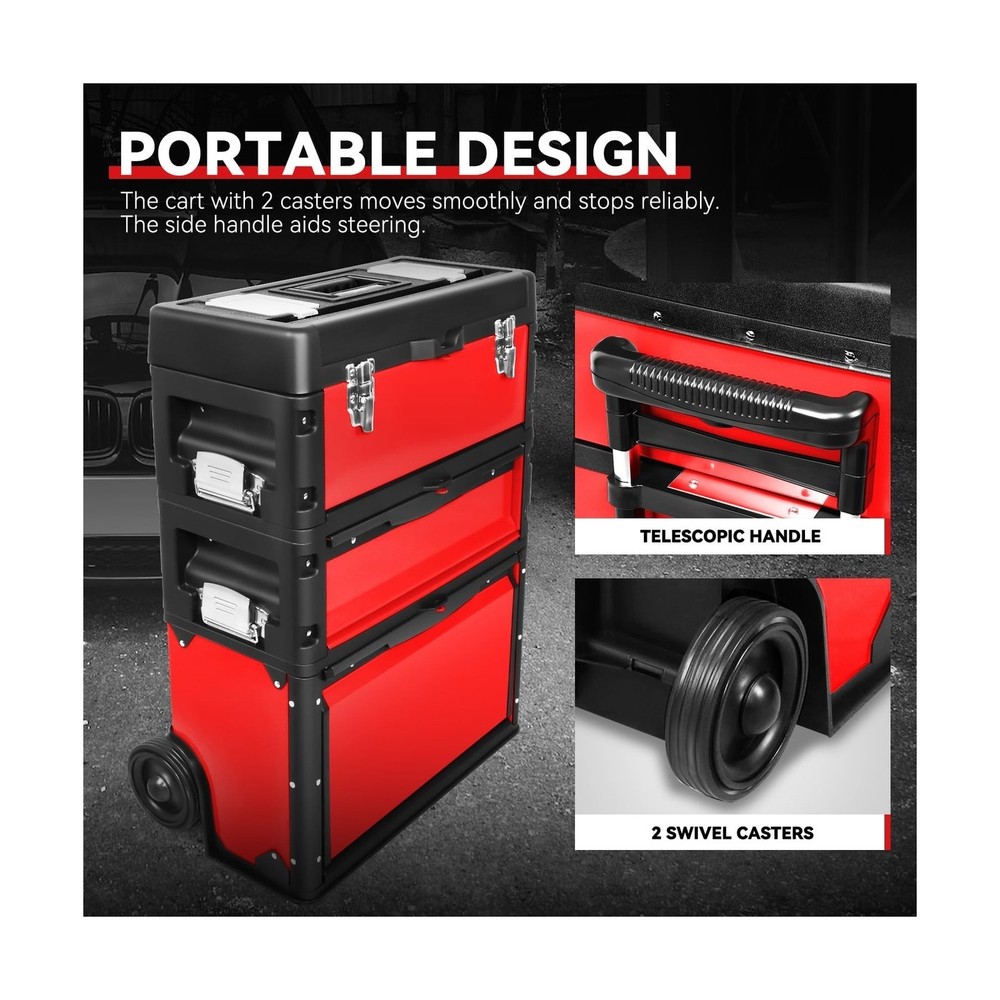 Auto Dynasty Stackable Tool Box 3-Tier Tool Separate Organizer Rolling Tool C...