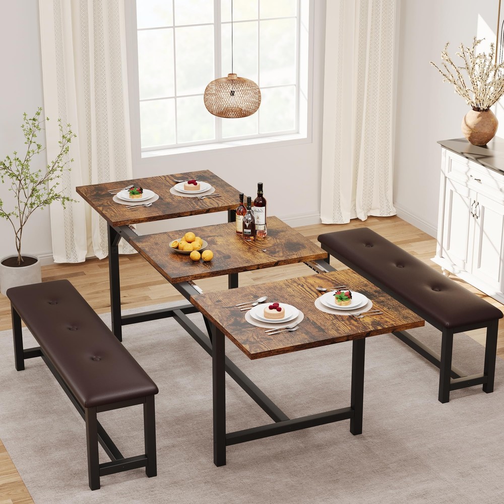 Large Dining Room Table Set ,63" Extendable Kitchen Table and 2 Benches Dinette