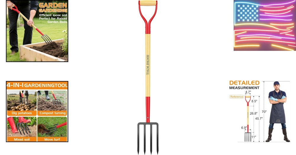 Garden Fork, 4-Tine Spading Fork, Compost Fork, Steel Digging Fork, 45Inch, S...
