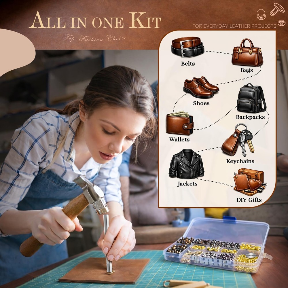 240 Sets Leather Rivets Kit, Double Cap Brass Rivets Leather Studs with 3PCS ...