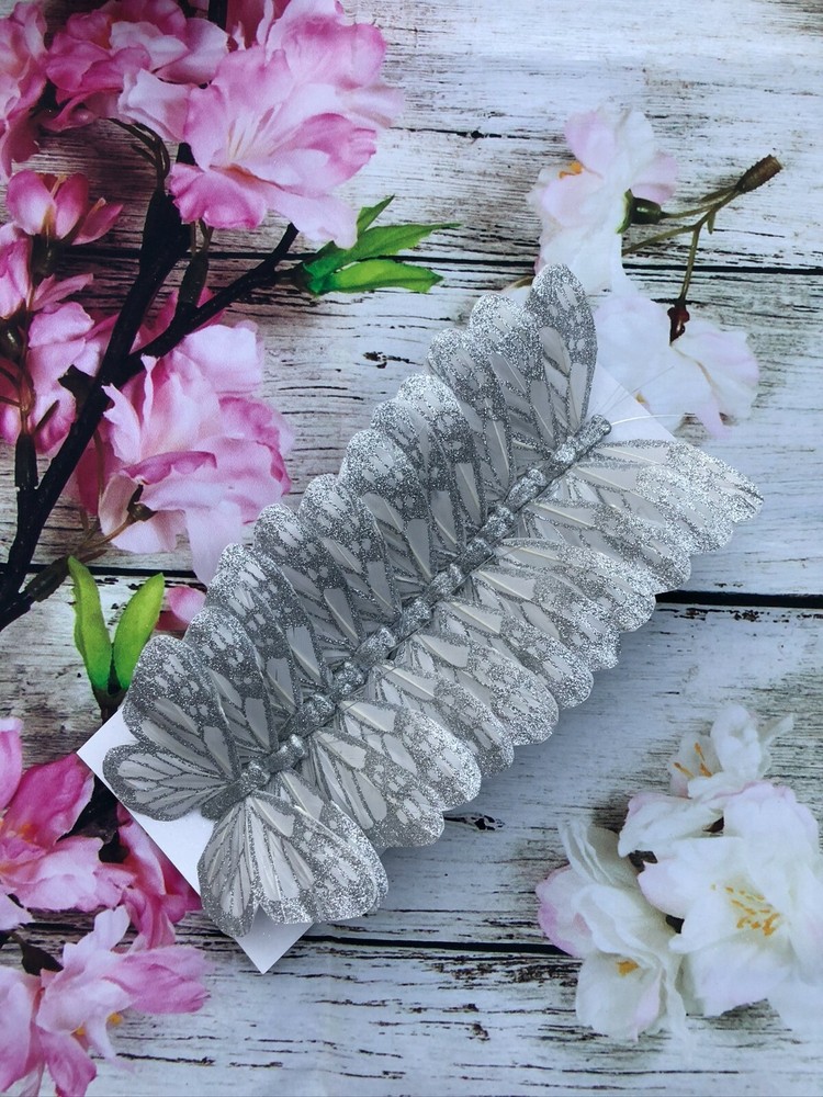12 Large Feather Silver Butterflies 5inch- Artificial Silver Butterfly