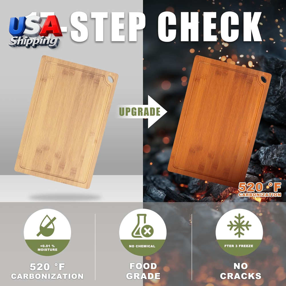 3-Piece Organic Bamboo Cutting Board Set for Kitchen - Carbonized Extra Sturdy C