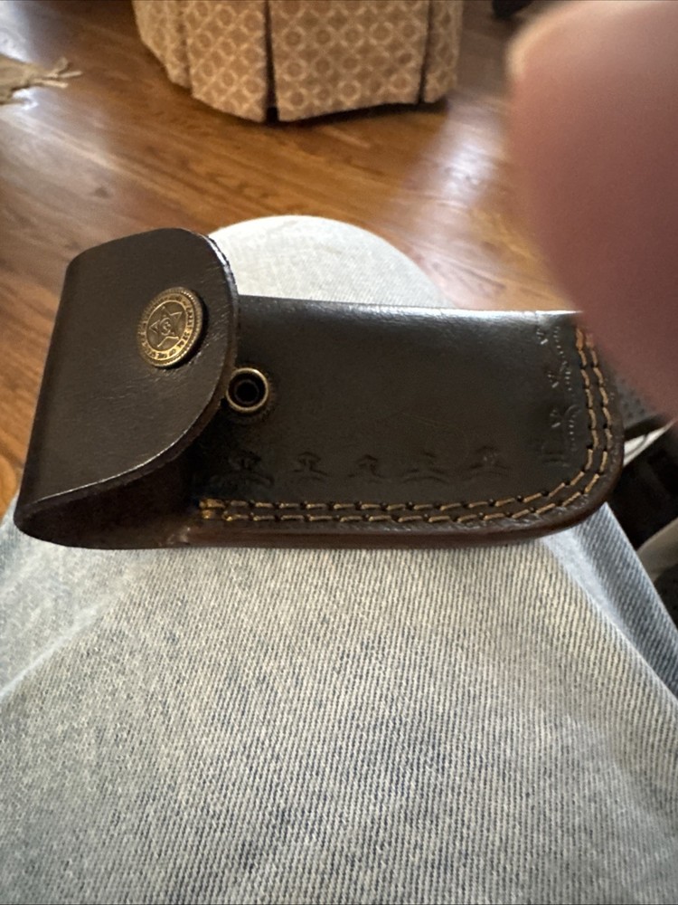 Handmade Damascus Folding Knife and Leather Case