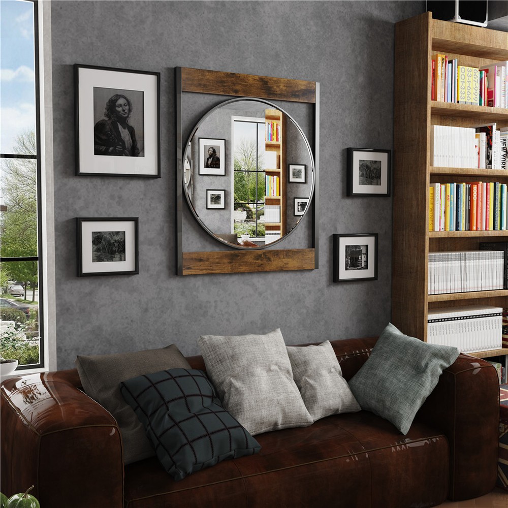 Retro Unique Wooden Bathroom Vanity Mirror Accent Mirror w/ Rustproof Iron Frame