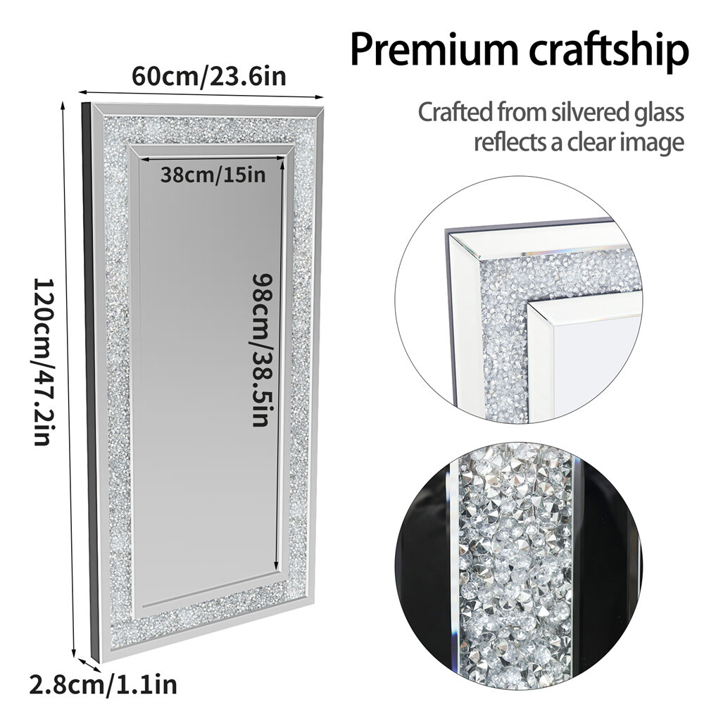 Crystal Crush Diamond Rectangle Silver Mirror for Wall Decor HD Frameless Mirror