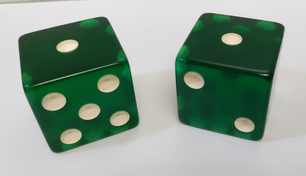 Vintage 1-1/2" Bakelite Catalin Oversized Dice Pair - Translucent Green
