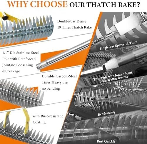 Professional Manual Thatch Rake - Heavy Duty Lawn Dethatcher with Long Handle