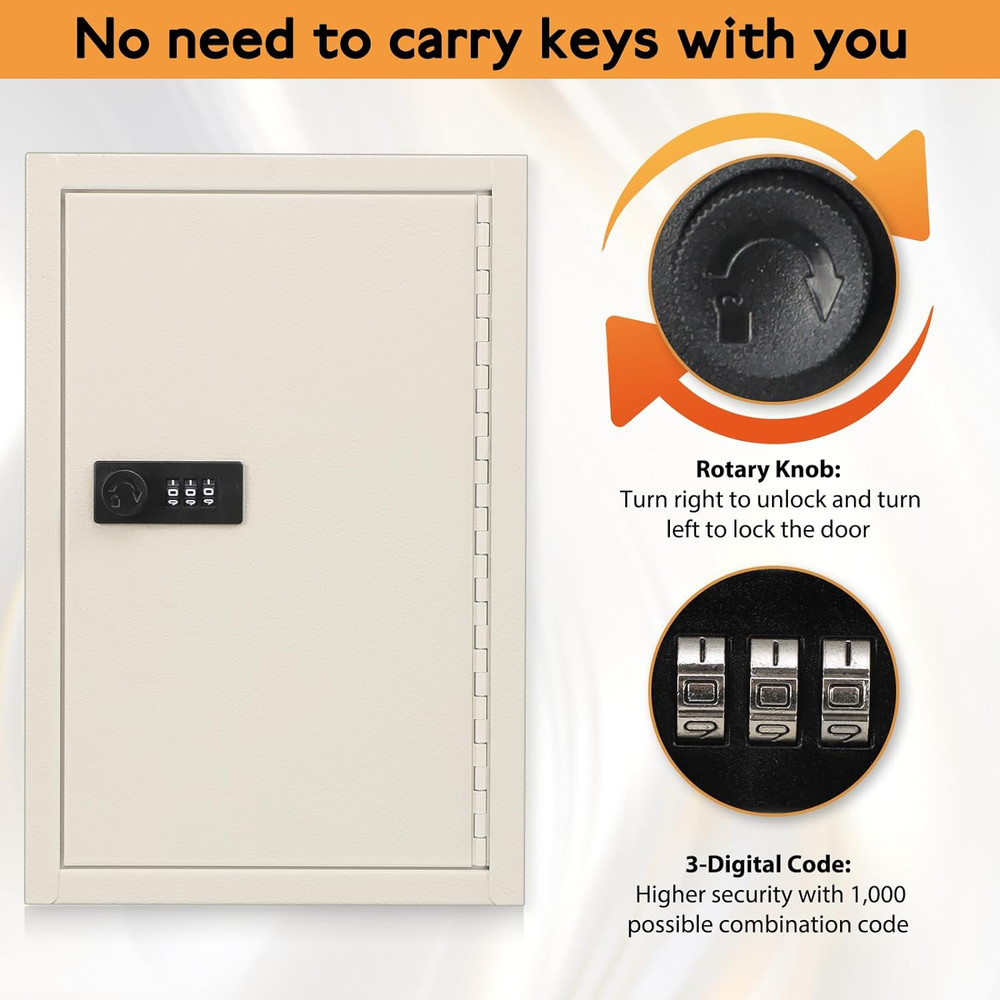 Key Storage Lock Box with Code, Locking Key Cabinet, 40 Key Holder Wall Mount wi