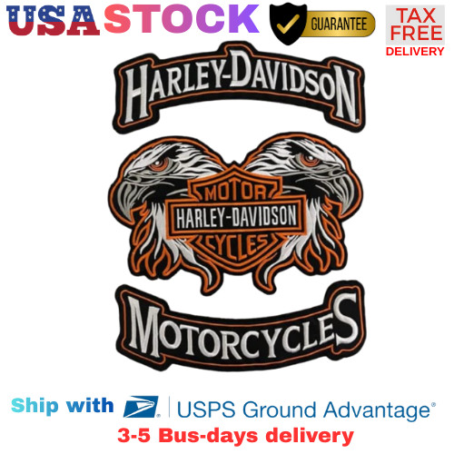 Harley-Davidson Double Eagle Patch Set 3-Pc Rocker Orange Embroidered Iron-On