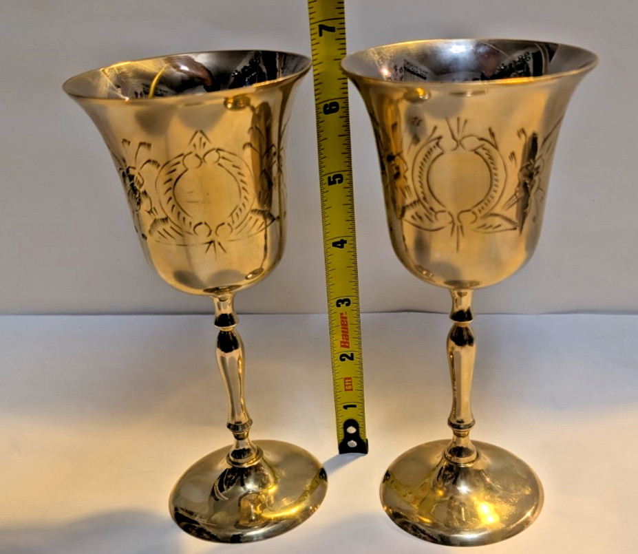 Vintage Etched Solid Brass Couples Toast Wine Goblets in Velvet Case. Nice