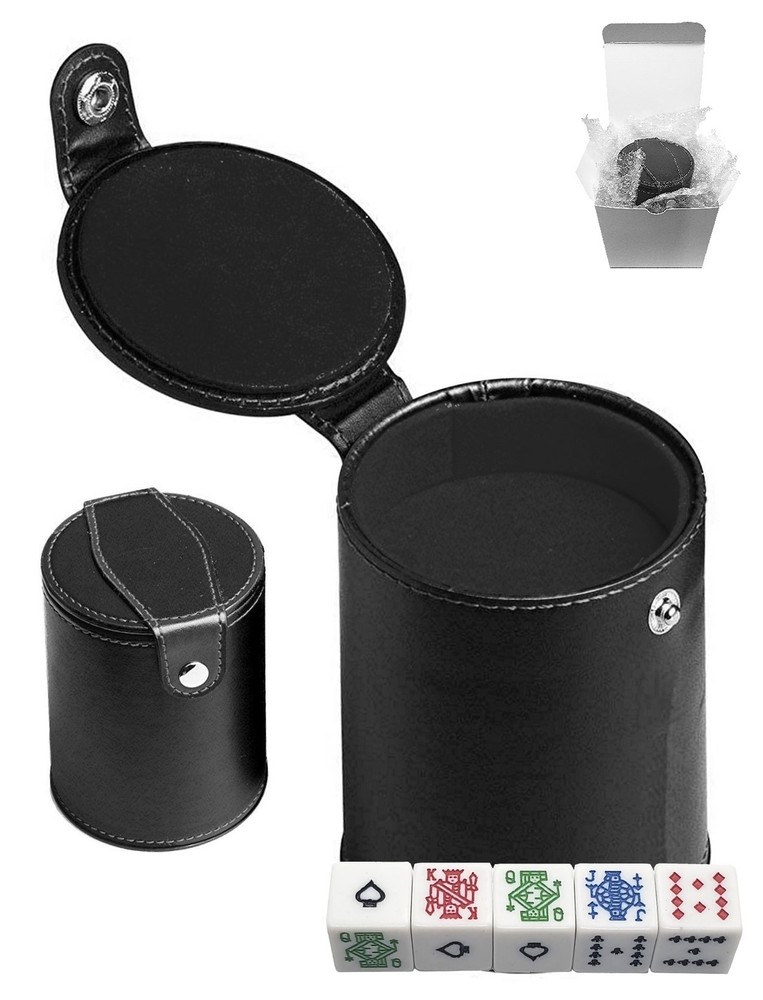 16mm Poker Dice White Colored + PU Leather Dice Cup Compartment Black Felt Lined