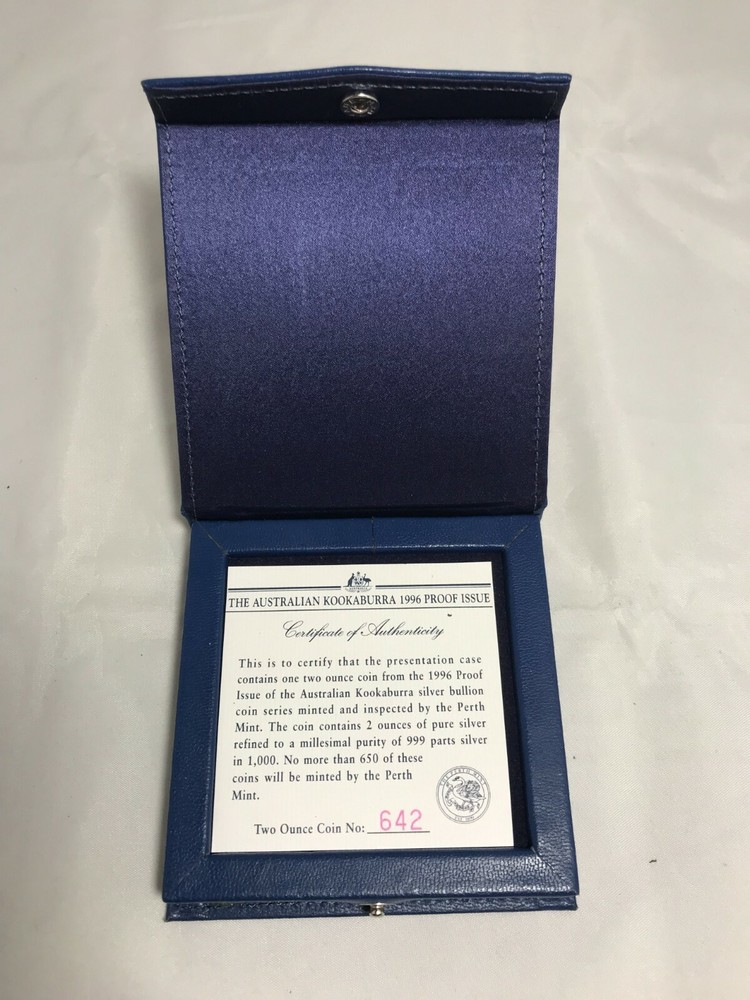 1996 Australian 2oz Silver Proof $2 Kookaburra. W/OGP