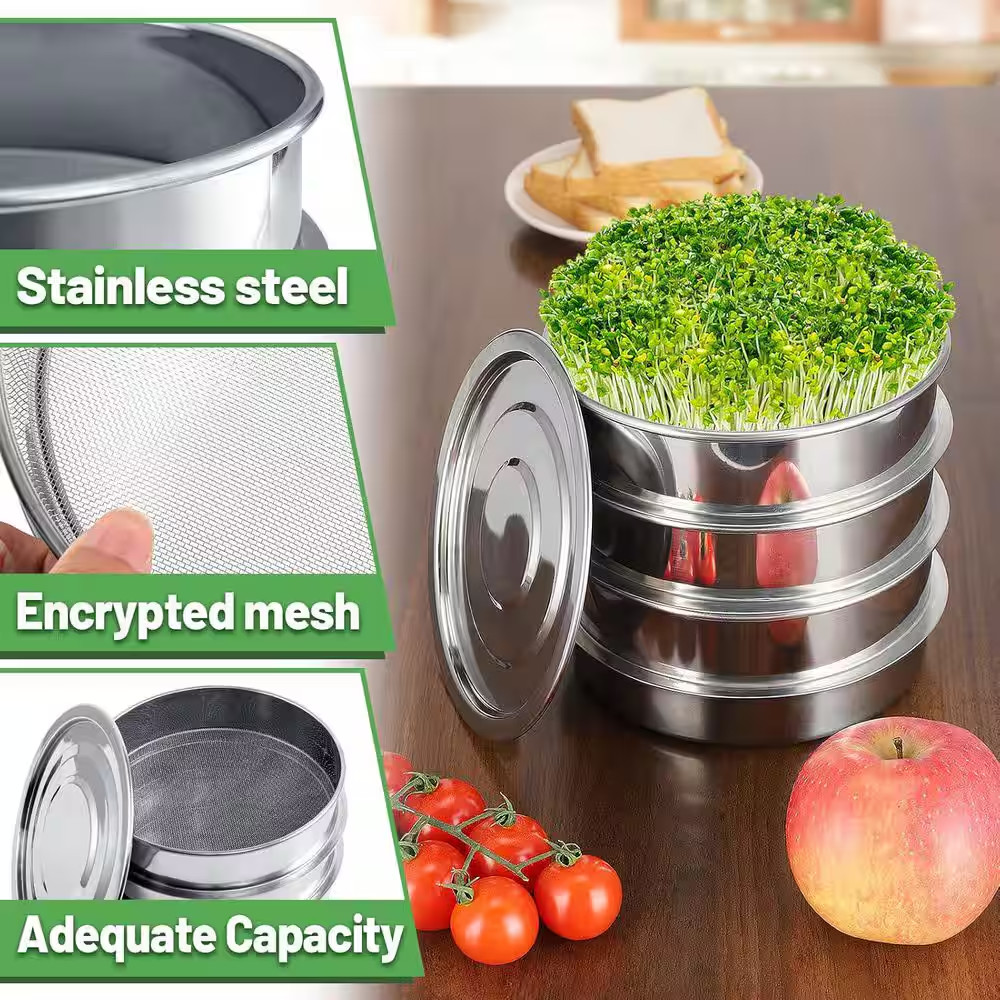 Stainless Steel Seed Sprouting Kit 4-Tier round Microgreens Tray Stackable Encry