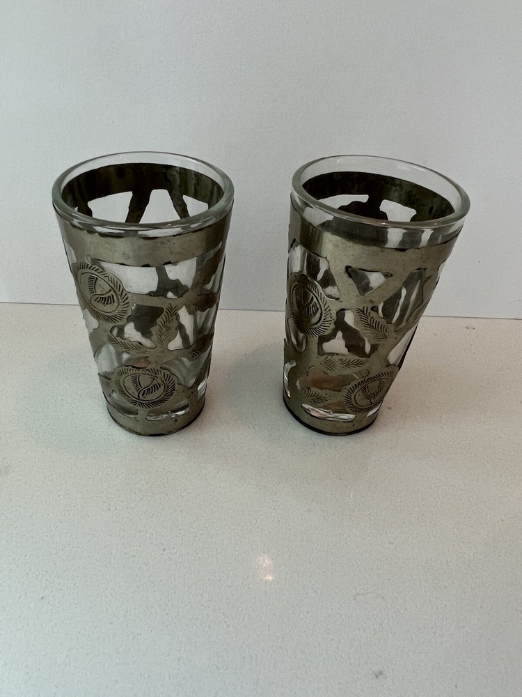 Vintage Hand-Tooled Mexican 925 Silver Openwork Shot Glasses X 2
