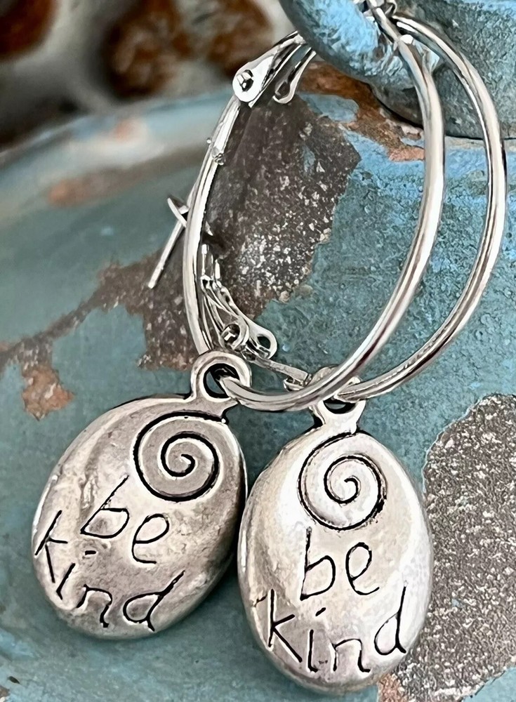 Silver Dangle Hoop Earrings. Be Kind.