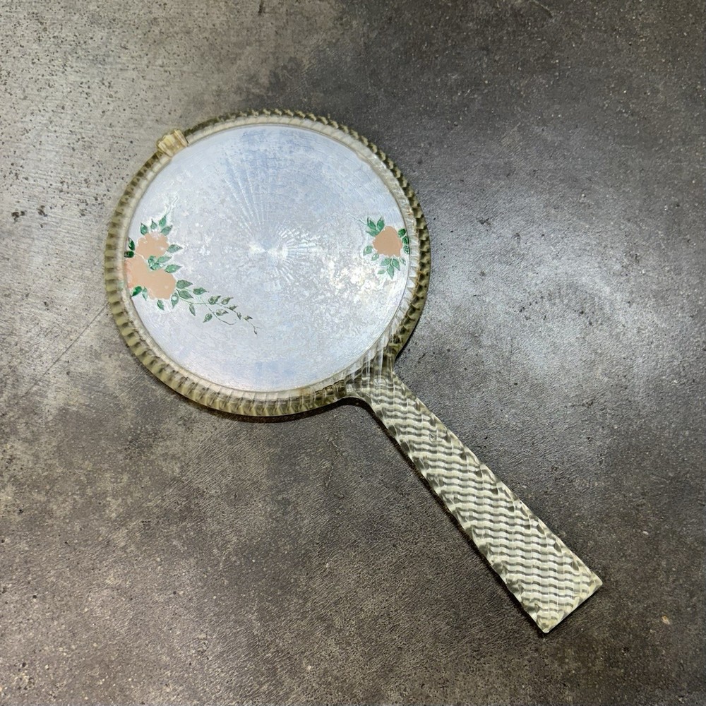 Vintage Hand Mirror Lucite Handle Floral Painted Back Vanity Dressing Table Deco
