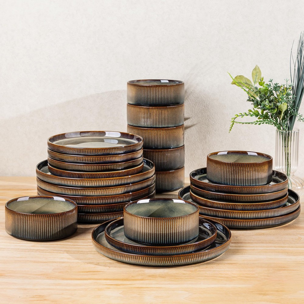 TheTerra Ceramic Dinnerware Sets for 8, 24 Pieces Service Coca Mocha