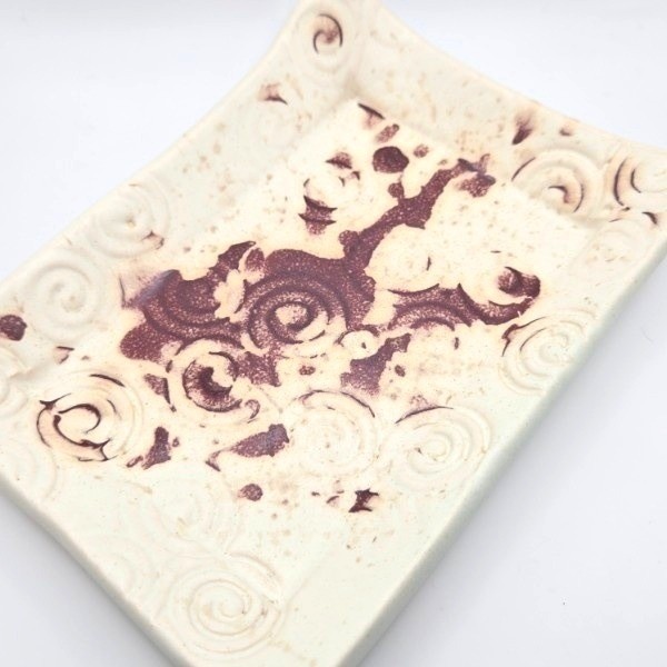 Handmade Ceramic Rectangular Dish Swirl Embossed Textured Rustic Kitchen Decor