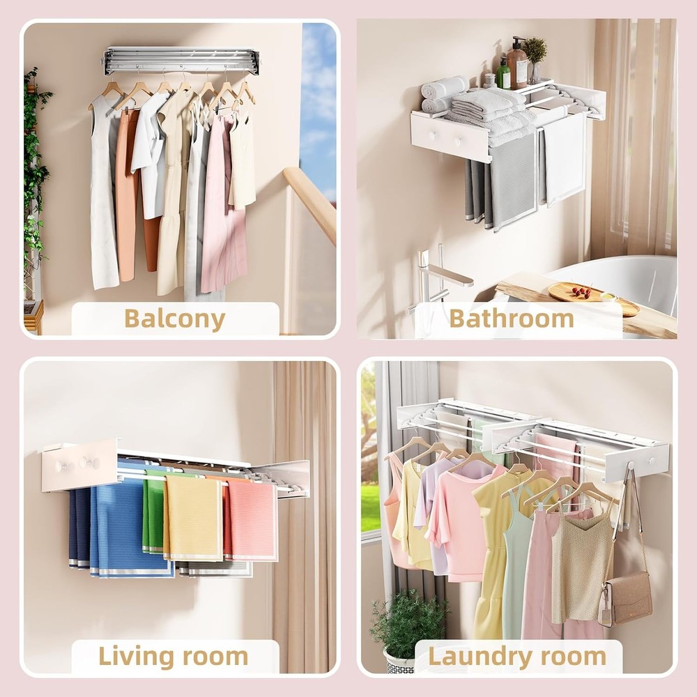 Wall Mounted Drying Rack with 4 Hooks and Shelf, Foldable Drying Rack