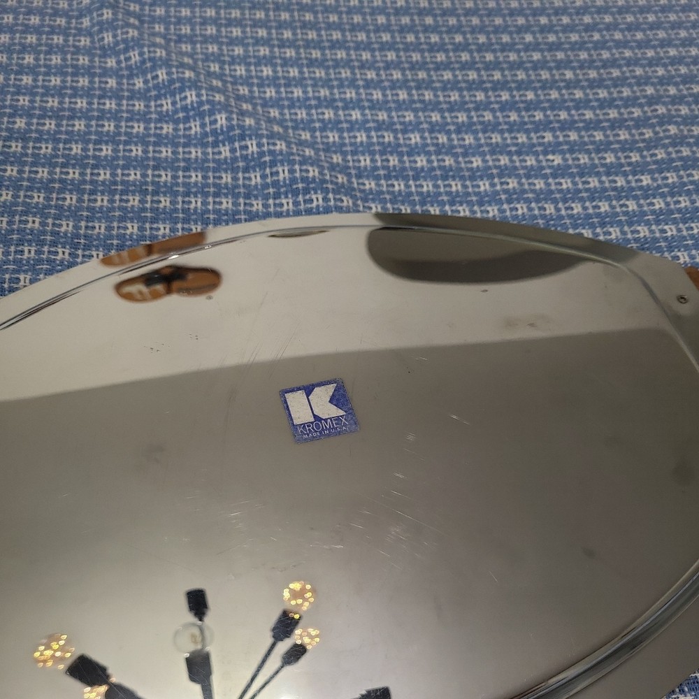 VTG MCM Stainless Kromax Tray w/Teak Handle Mid Century Modern Oval Rectangular