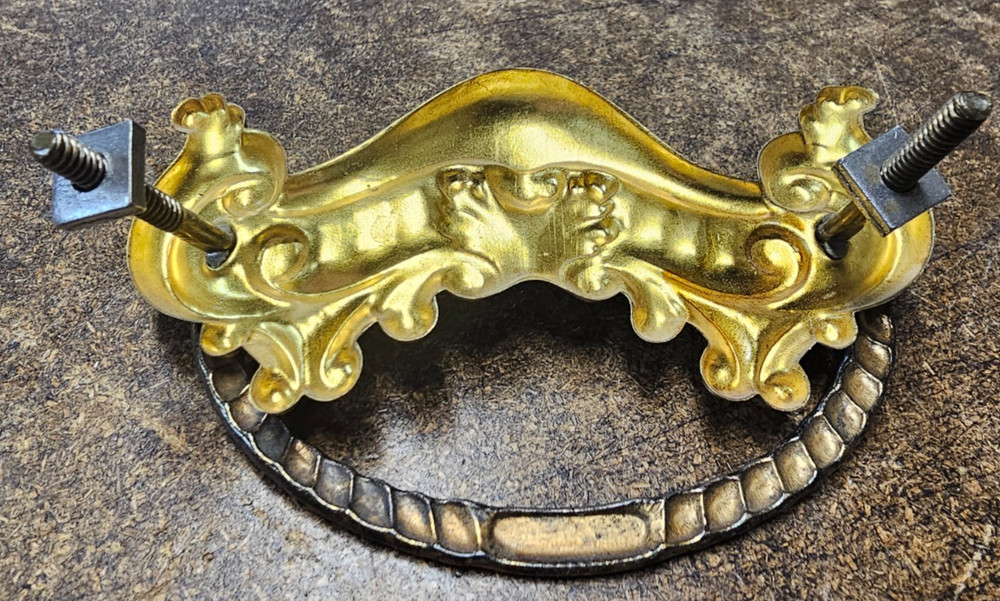 3 Antique Stamped Brass Drawer Pulls Handles Back Plates