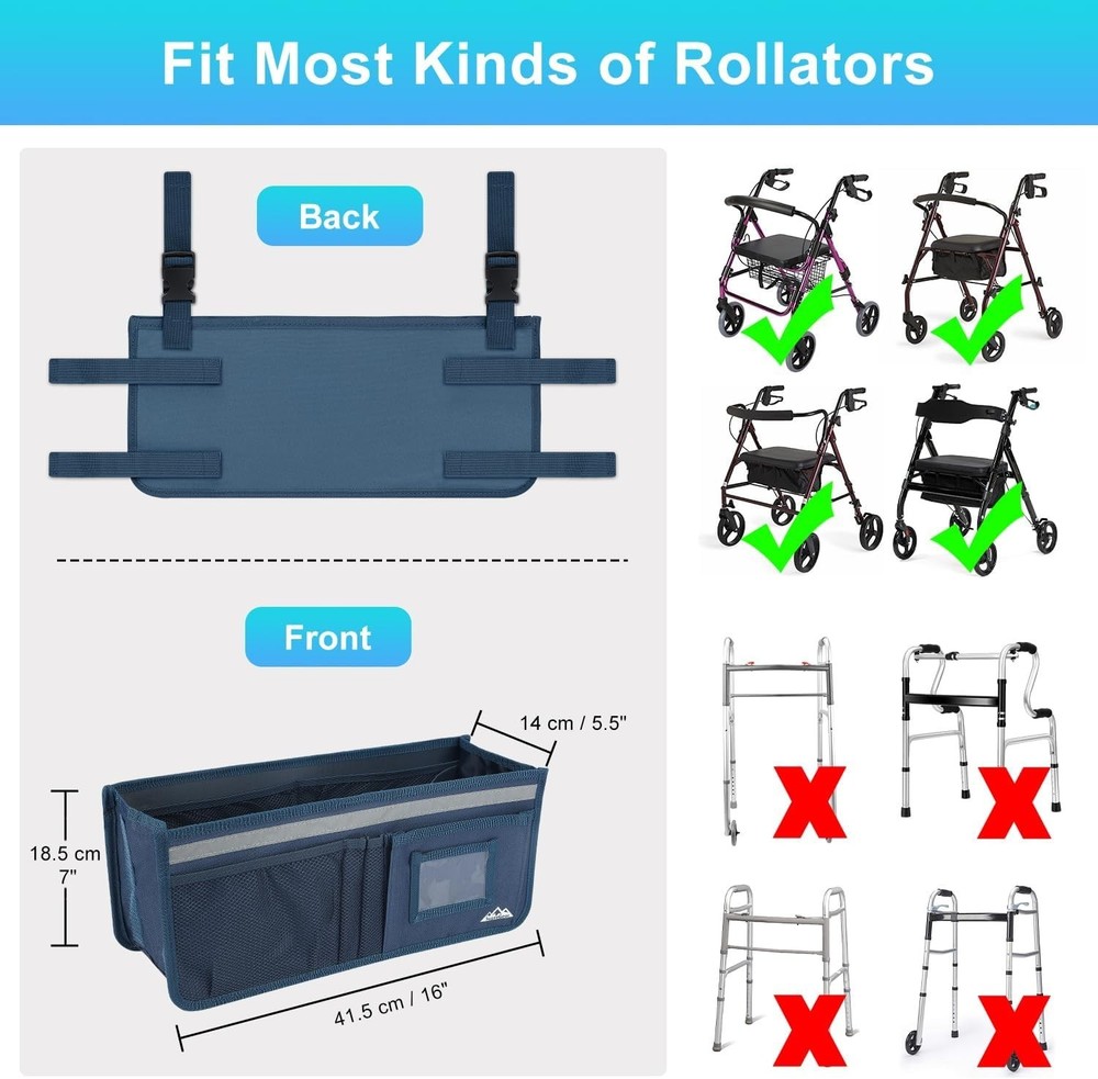 Rollator Basket, Rollator Walker Bag w/Cup Holder, Foldable Rolling Walker Wa...