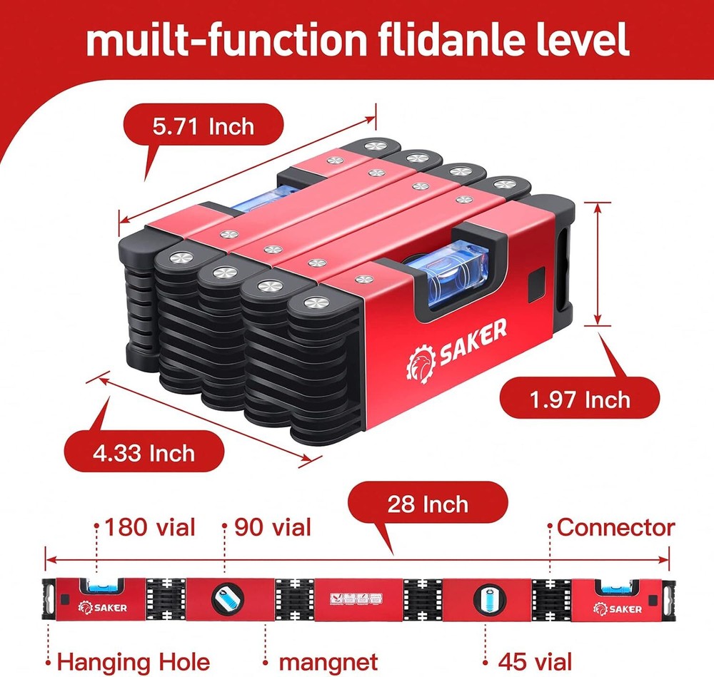 Saker Multi-function Foldable Level, 28-Inch Multi-Angle Measurement Red