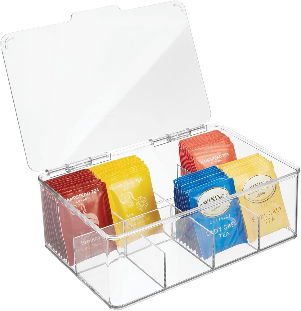 Single Serve Tea Bag Storage Box W/ Divided Compartments & Clear Lid