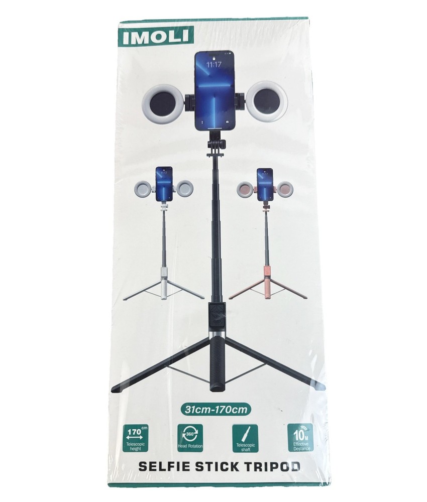 Imoli Selfie Stick Tripod With Remote Control. Bluetooth Stretchable 2 Lights