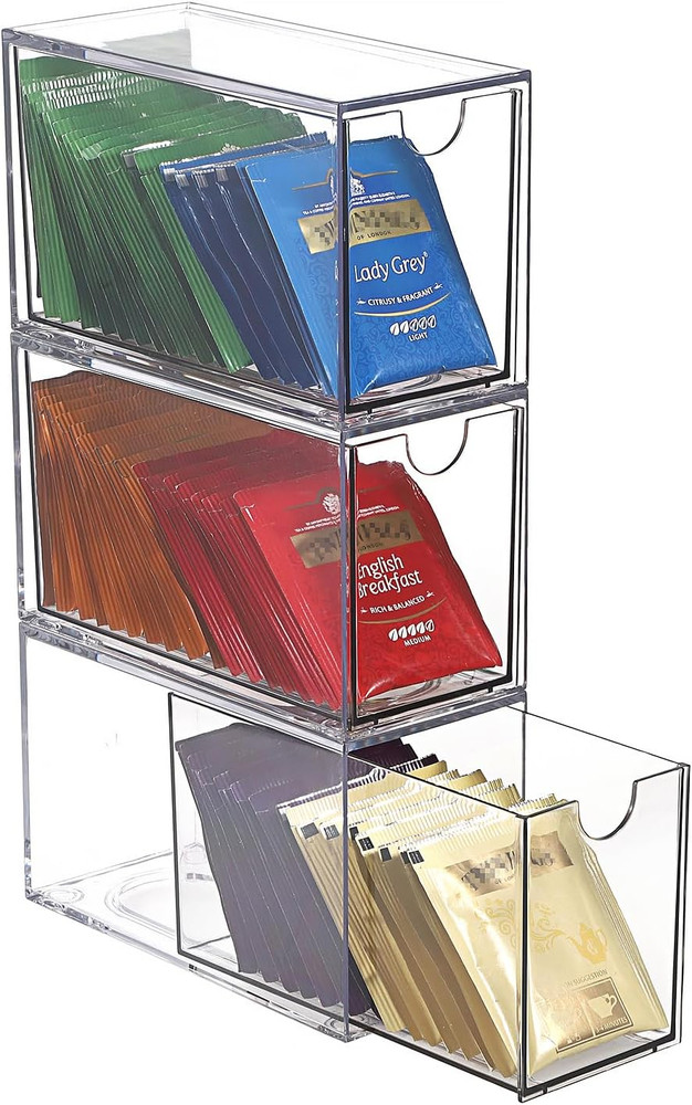 3 Drawers Tea Bag Organizer, Clear Acrylic Stackable Tea Bag Storage Holder for