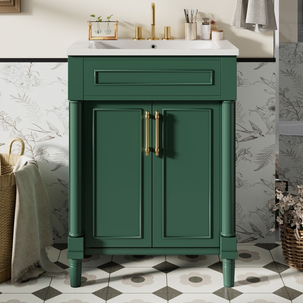 24 in Small Bathroom Vanity w/ Ceramic Sink & 2 Doors, Solid Wood&MDF, Green