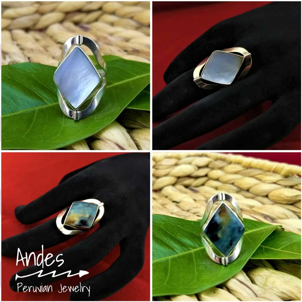 Handmade peruvian ring 950 silver double side Amazonite/White Nacre 6.5-7.5.Adj