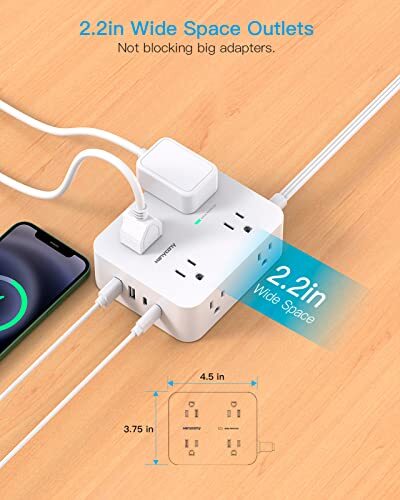 Surge Protector Power Strip, Extension Cord with Multiple 5Ft Thin Plug