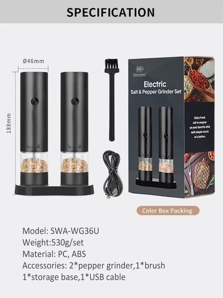 Electric Salt and Pepper Grinder Set, Automatic, Adjustable, Gift, 2 Pack