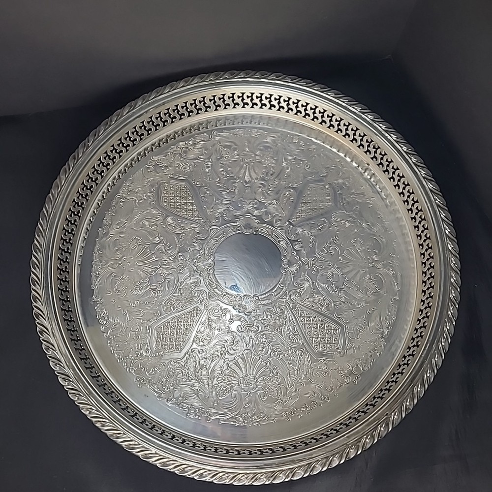 Silverplate Oneida USA Tray with Scroll Etching Raised Rim Pierced Design 13"