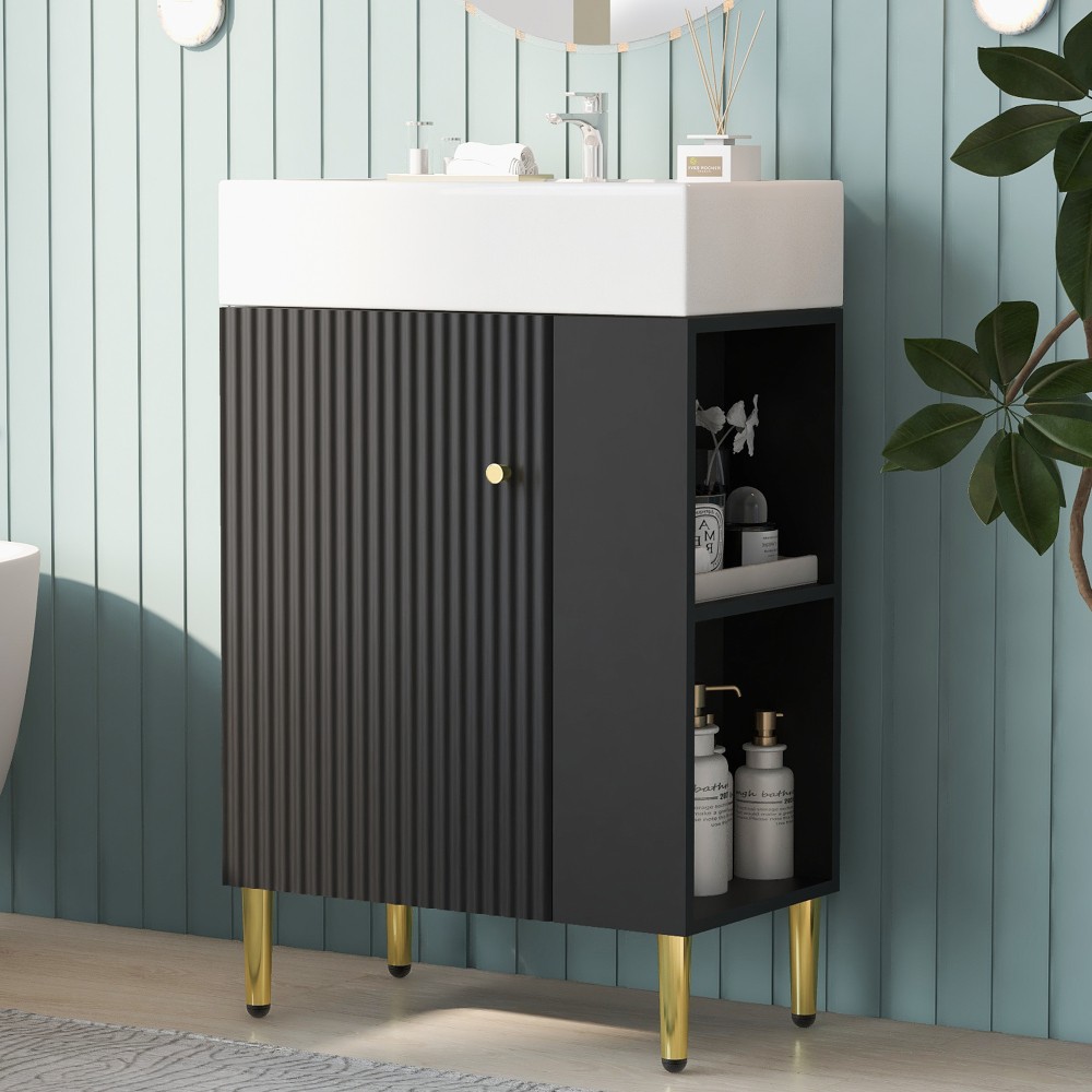 21.6" Black Bathroom Vanity w/ Ceramic Sink & Storage Cabinet