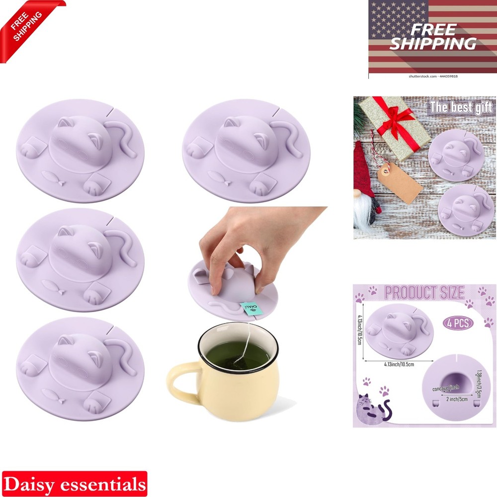 4 Pack Silicone Tea Bag Squeezer Holders Purple Cat-Shaped Cup Accessories