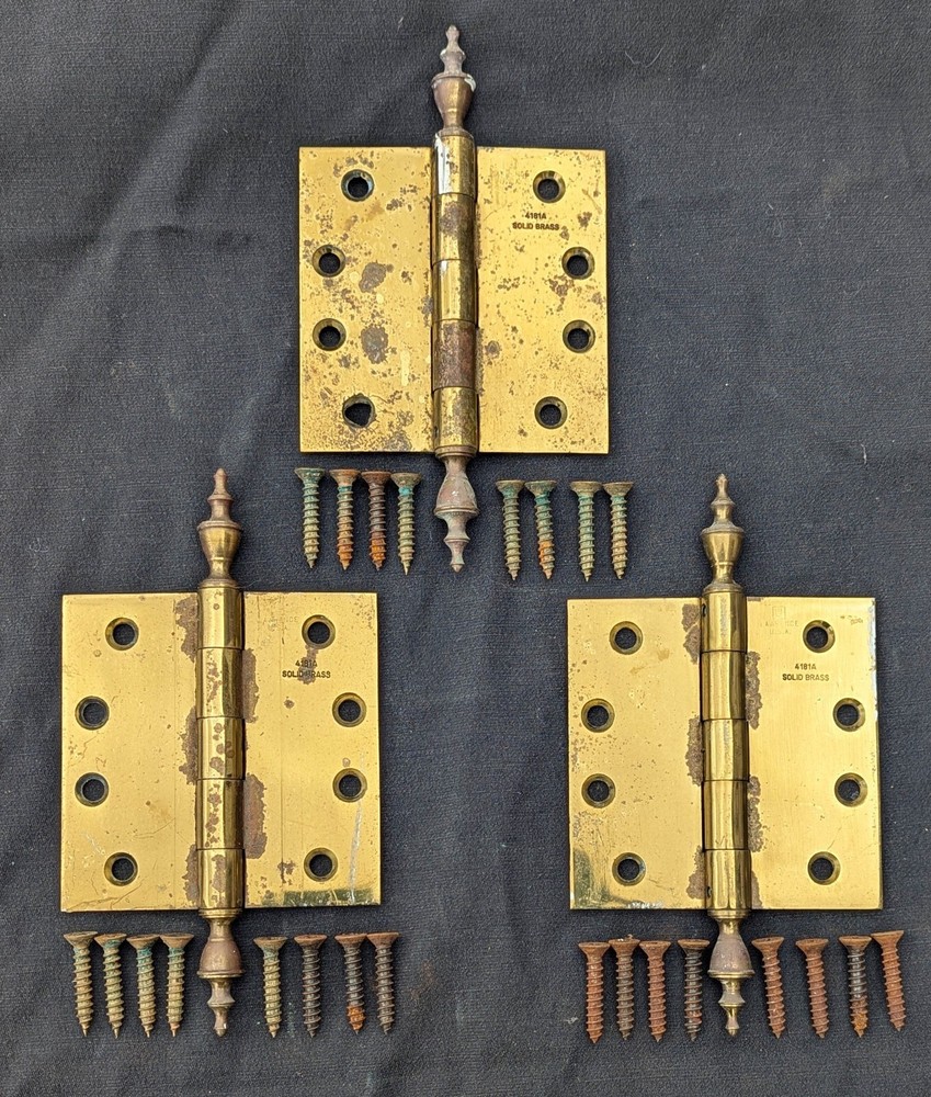 3 Set 4"x4" Vintage Old Lawrence SOLID Brass Exterior Entry Door Hinges Steeple