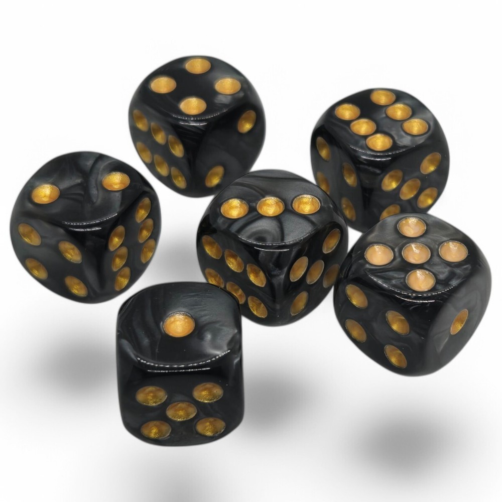 (6) Pearlized Dice Black w/Gold Pips + Pouch + PU Leather Black Felt Lined Cup