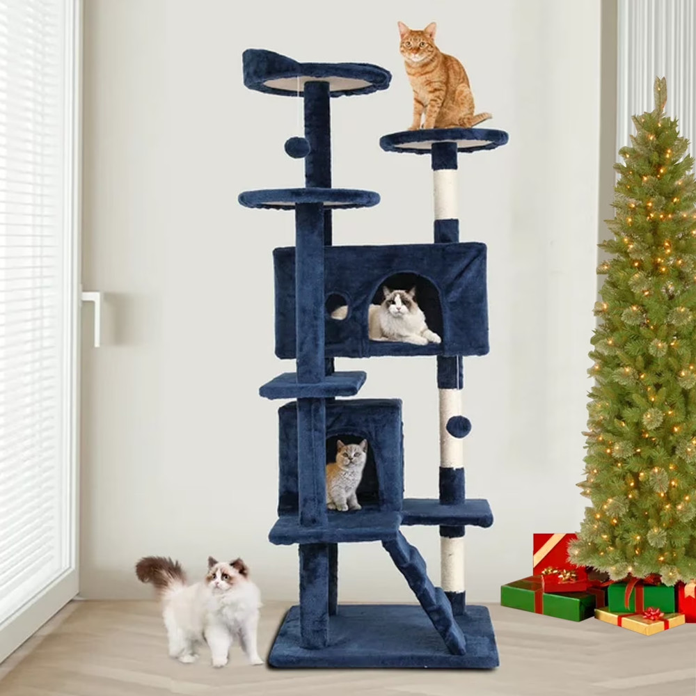 54-In Double Condo Cat Tree Tower Playhouse with Scratching Post & Perch for Ind