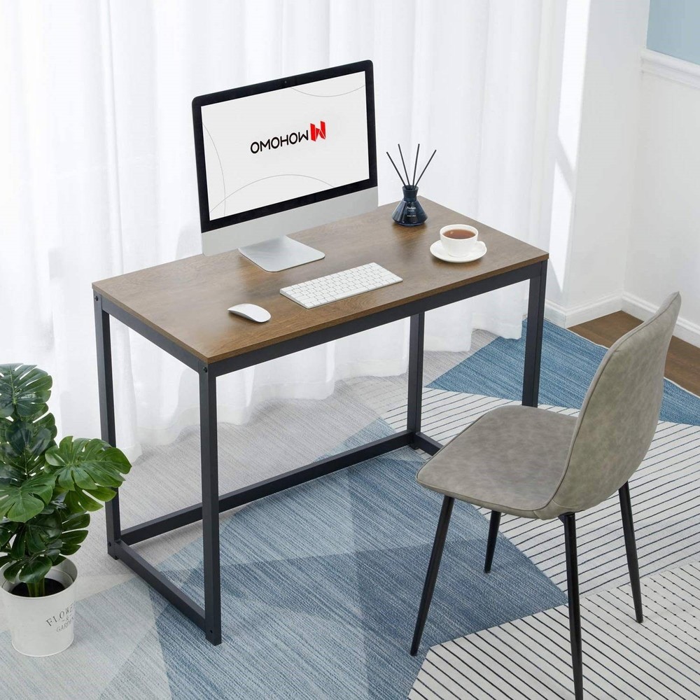 Modern Laptop Computer Desk Table Black Metal Frame Wood Top
