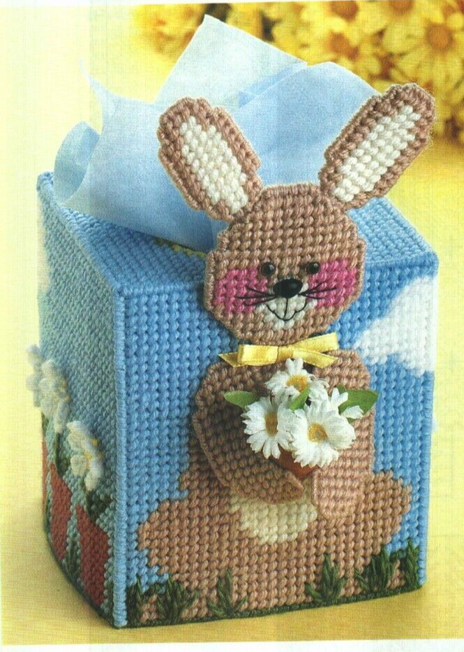 BUNNY BOUQUET TISSUE BOX COVER HOME DECOR PLASTIC CANVAS PATTERN INSTRUCTIONS