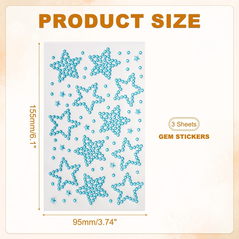 3Sheets Star Gem Sticker, Face Gem Stickers, Blue