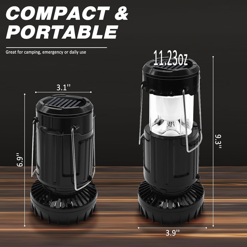 2-Pack Solar Camping Fan w/ Lantern, DIBMS Collapsible Powered Black