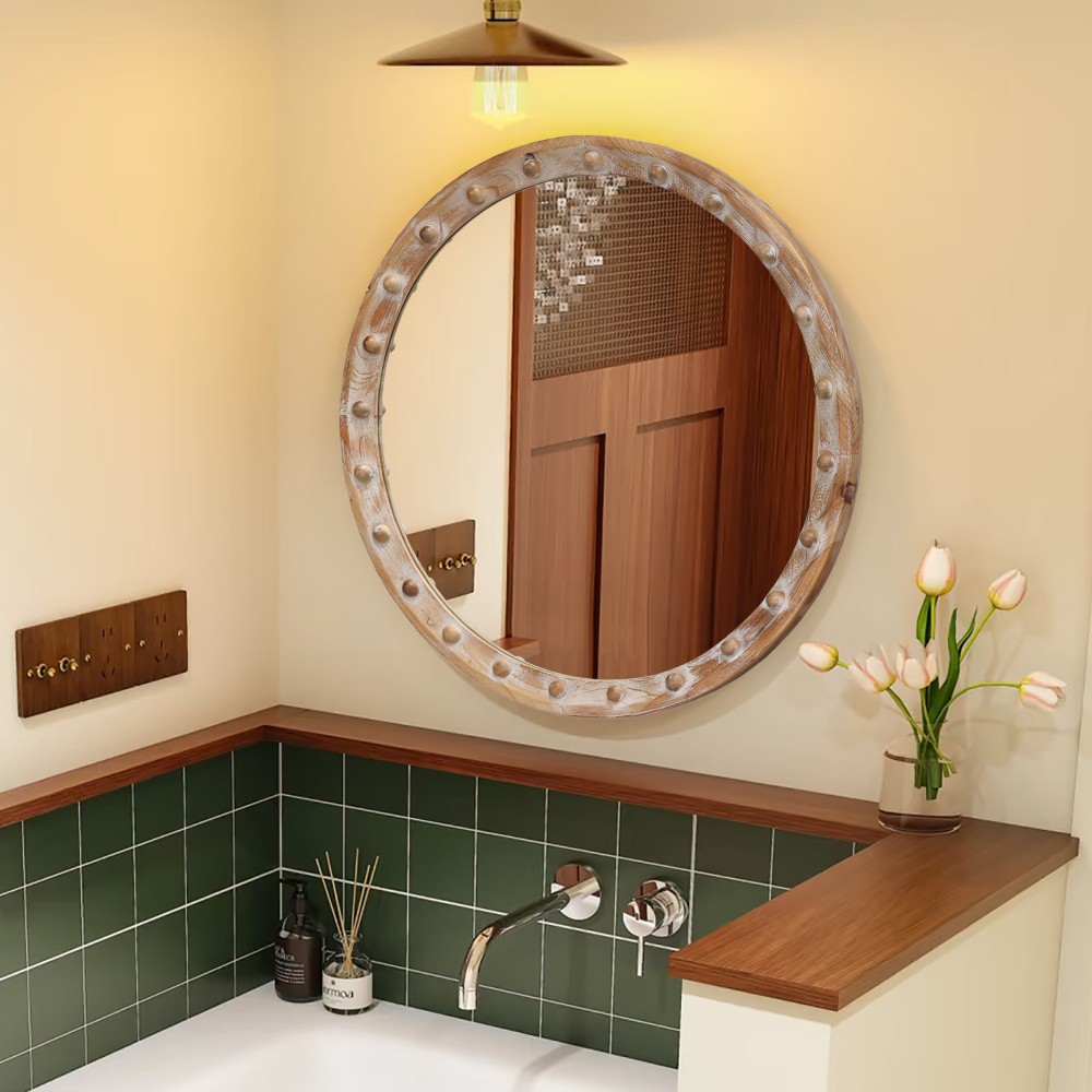 Rustic Round Wall Mirror 24" Distressed Wood Frame w/ Rivets Decor