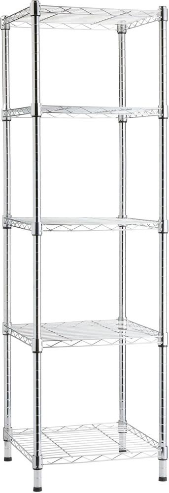 5-Shelf Tower Adjustable Storage Shelving Unit, Chrome, 16" X 16" X 54", 150 Lbs