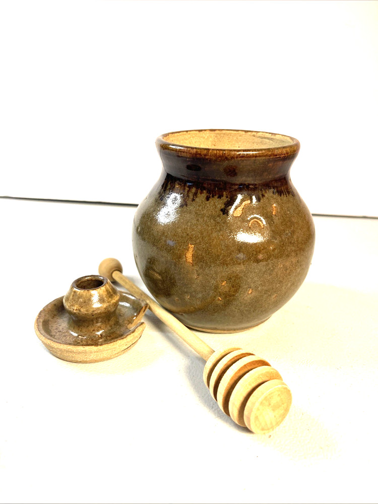 Stoneware Honey Pot And Dipper Studio Crafted 5.5" Tall