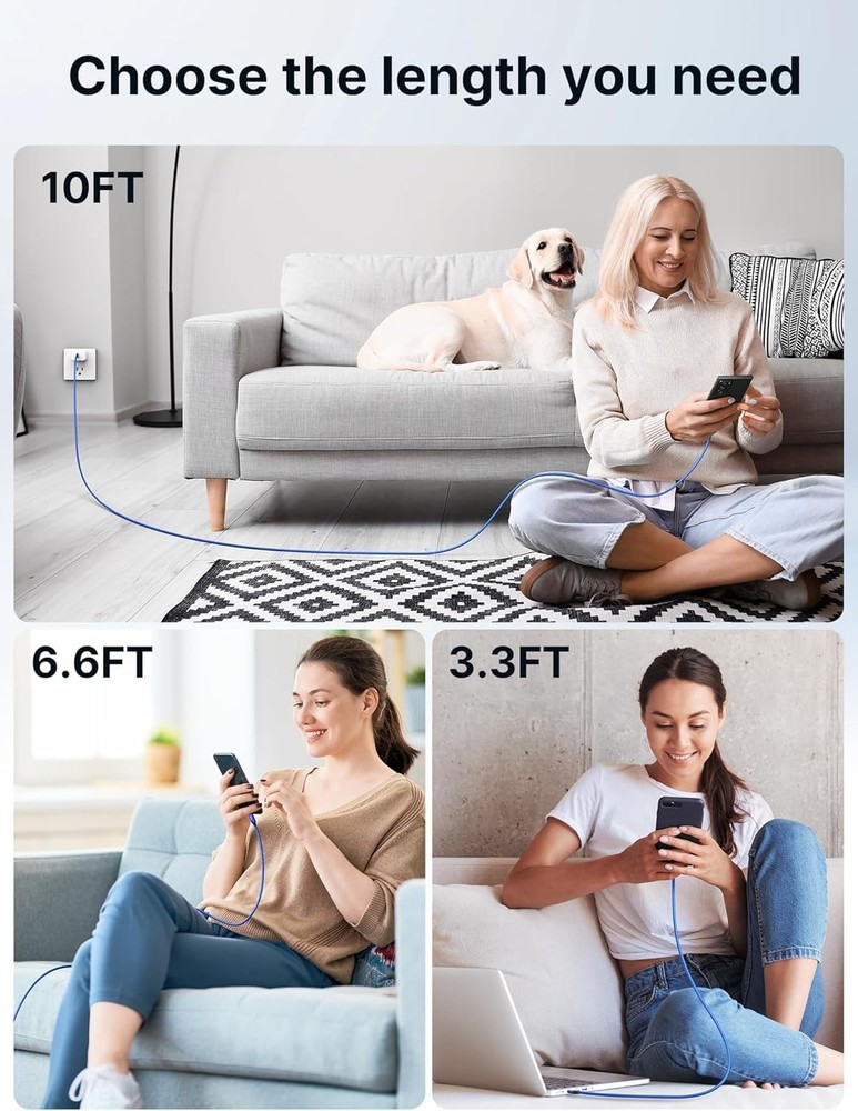 JSAUX USB C Cable Fast Charging 3.3ft+6.6ft+10ft, Blue