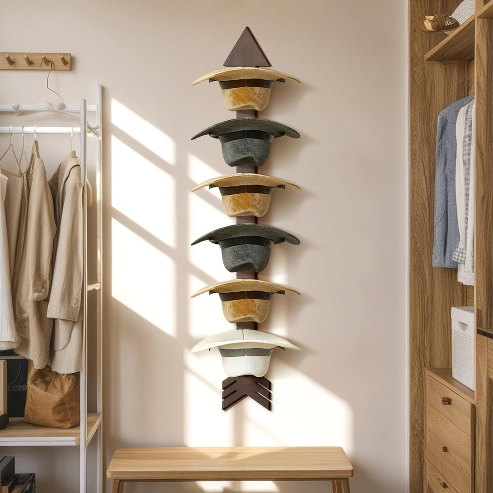Cowboy Hat Rack Wall Mount, Solid Wood Arrow Design 6 Pieces, Walnut